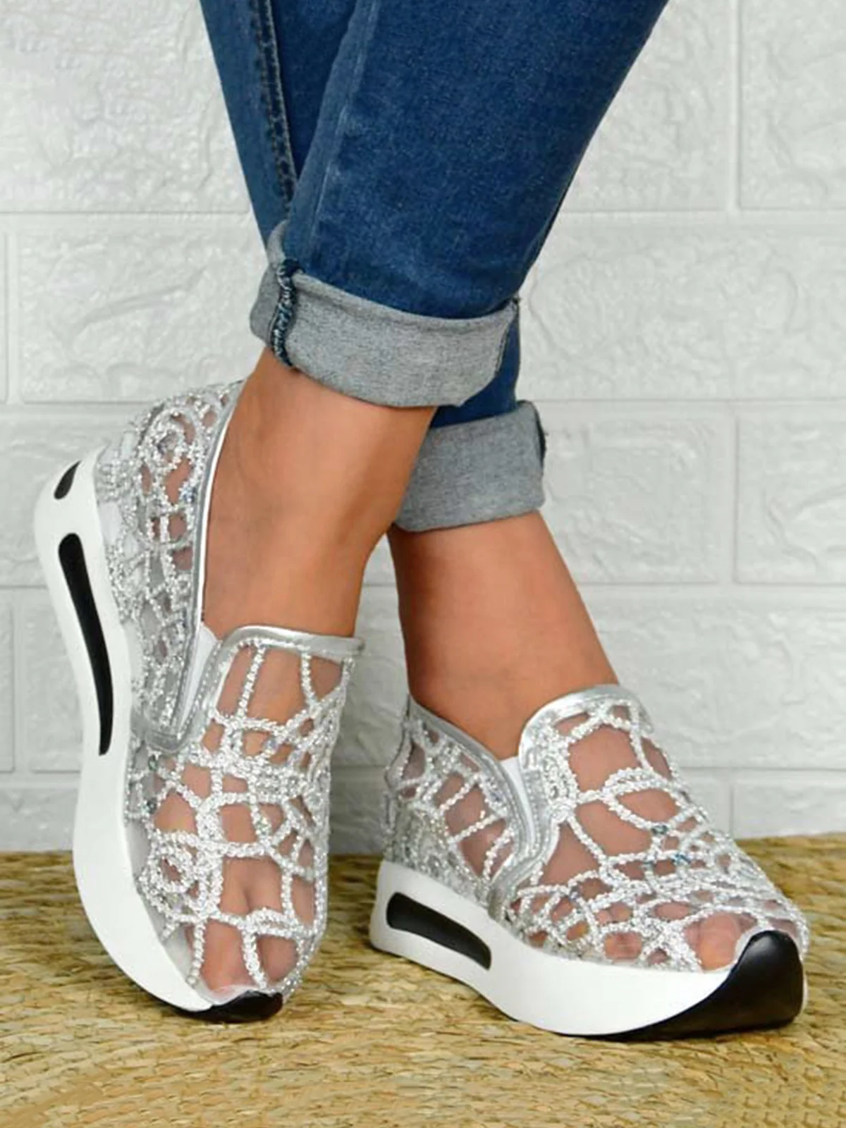 Fashion Sequin Breathable Mesh Slip On Platform Sneakers