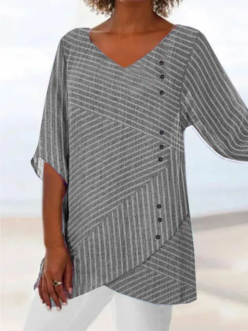 Women Loose V Neck Striped Button Half Sleeve Tunic Top