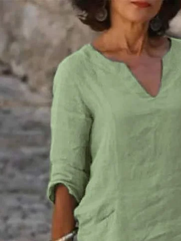 Women Green V Neck Hollow Out Loose Cotton and Linen Dress