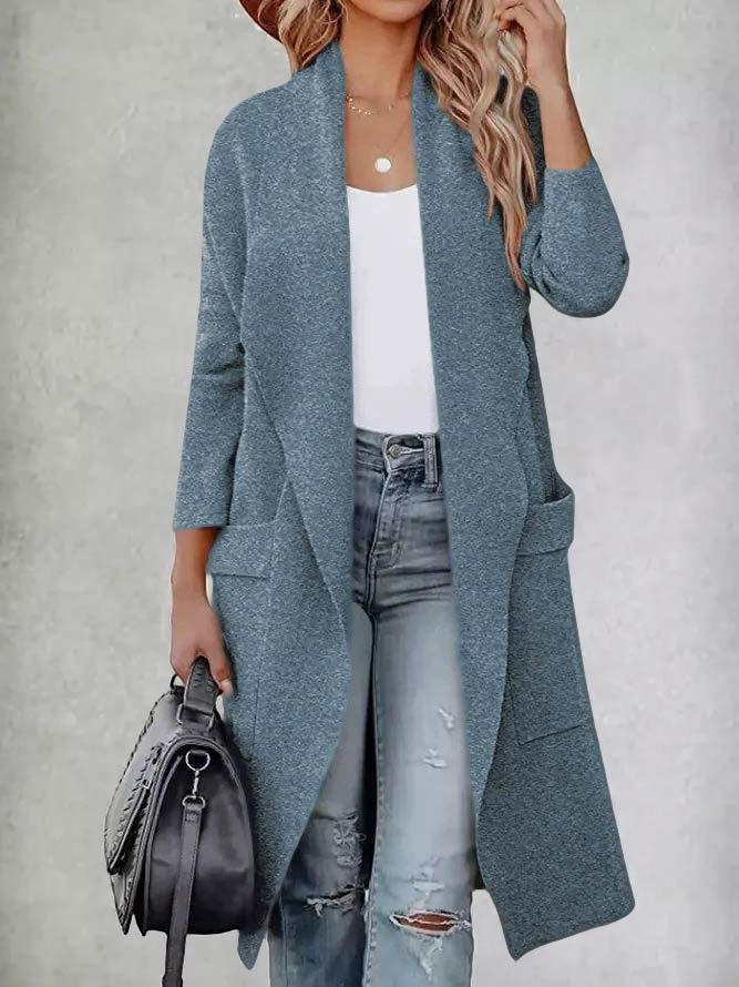 Women Long Sleeve Lapel Open Front Long Woolen Cardigan with Pockets