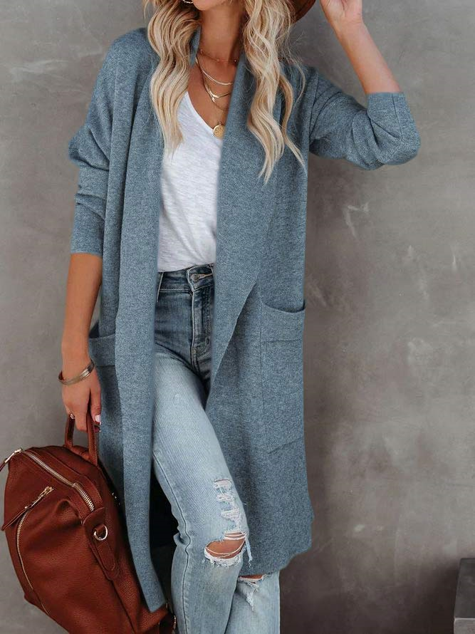 Women Long Sleeve Lapel Open Front Long Woolen Cardigan with Pockets