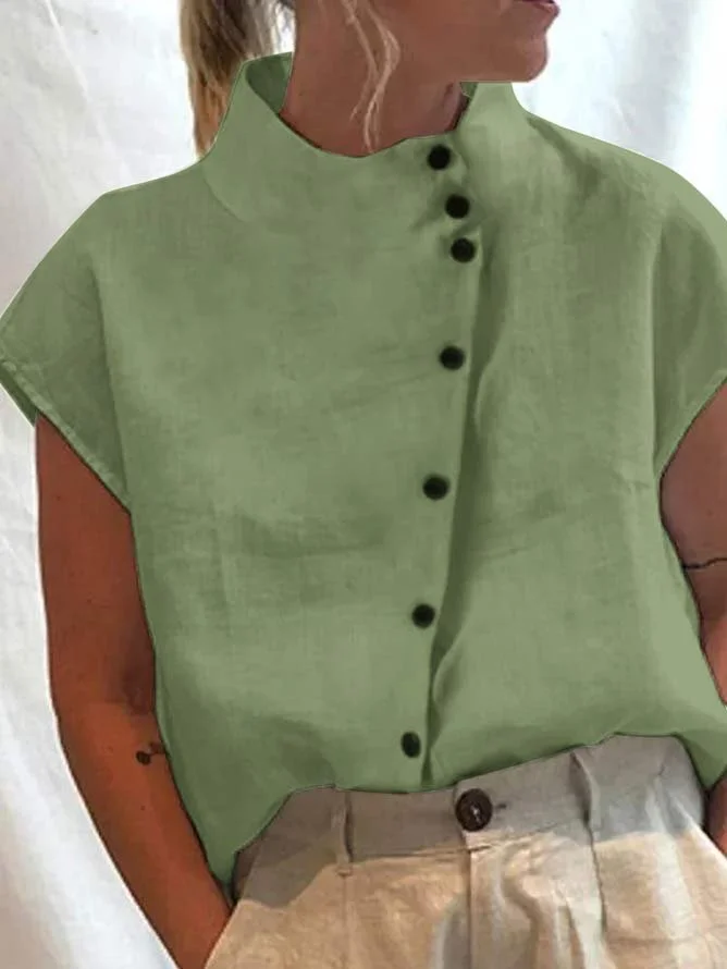 Women's Shirt Blouse Linen Cotton Turtleneck shirt Plain Casual Button Short Sleeve Elegant Fashion Basic Standing Collar Regular Fit Spring Summer