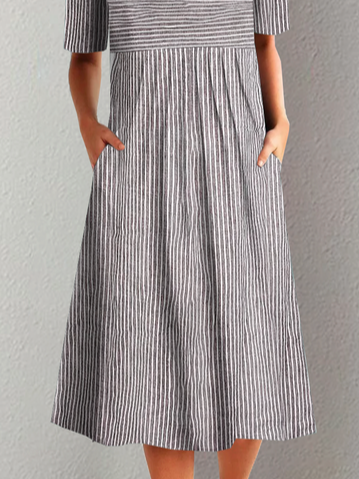 Women Striped Pockets Casual Crew Neck Loose Dress