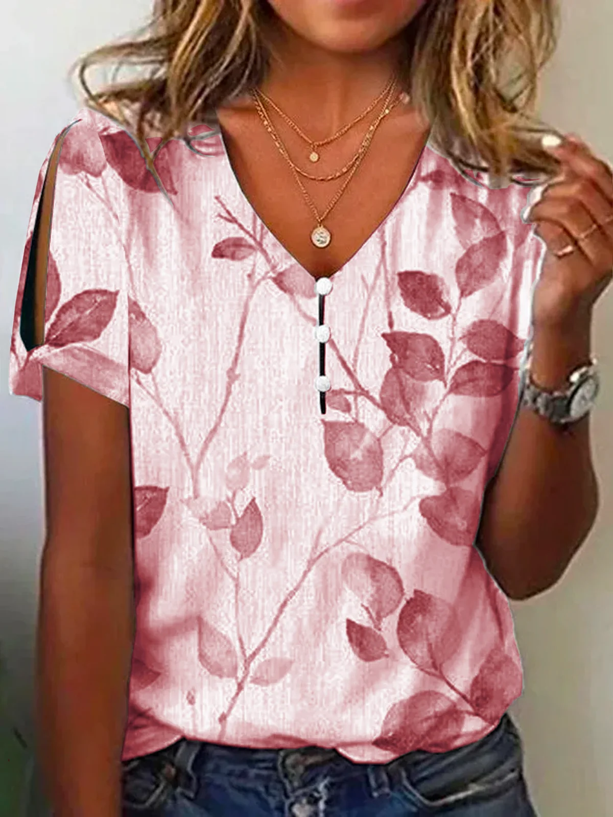 Women Casual V Neck Leaf Printed Loose Short Sleeve Summer T-shirt