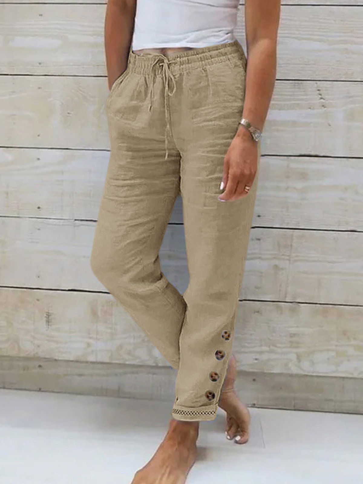 Women Casual Pockets Drawstring Waist Button Plain Cotton and Linen Pants