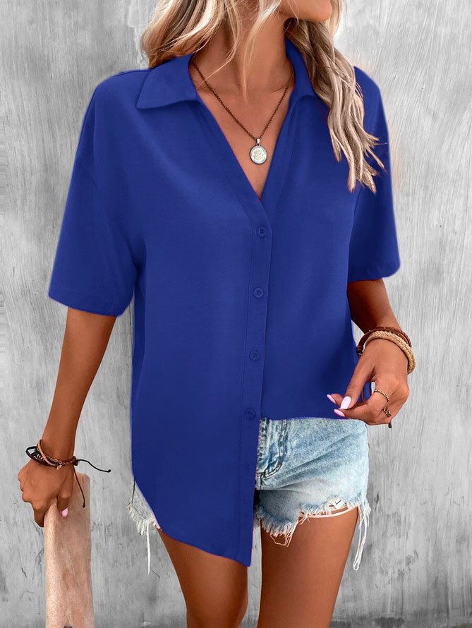 Casual Loose Shirt Collar Plain Blouse