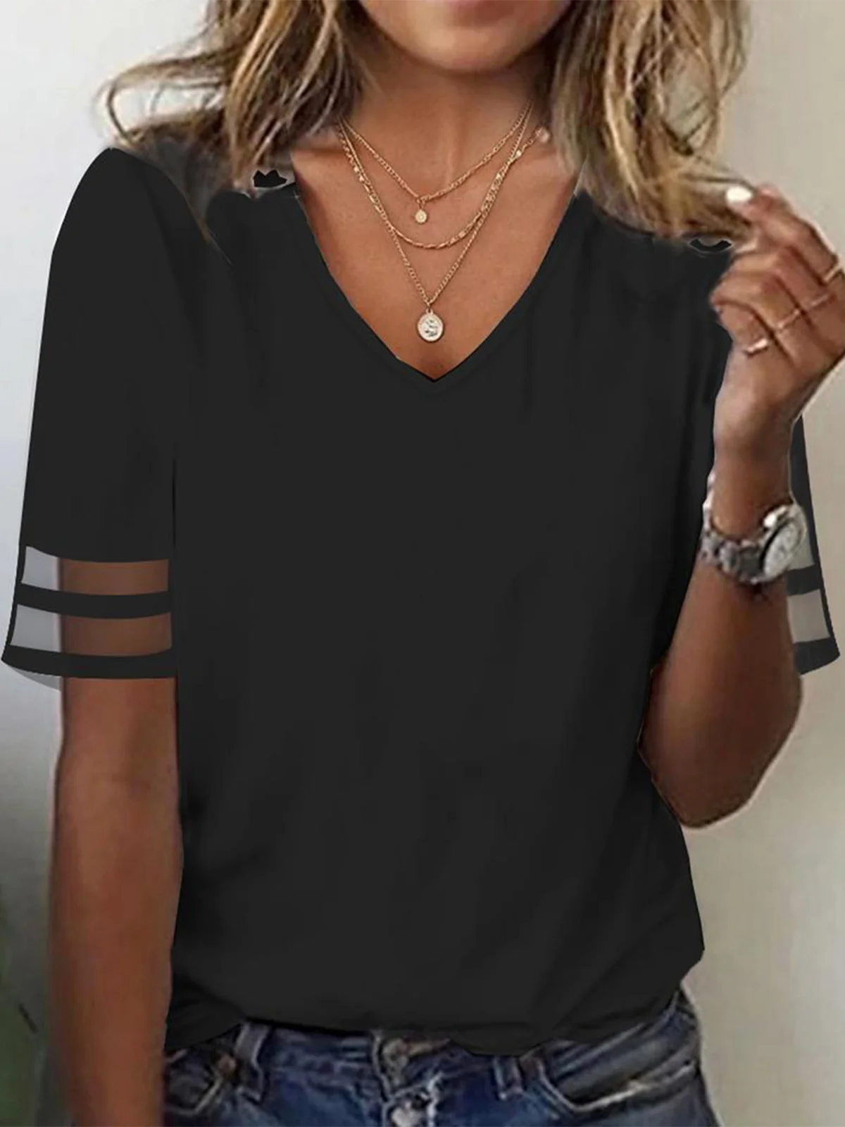 Women Casual Plain Loose V Neck Summer T-Shirt