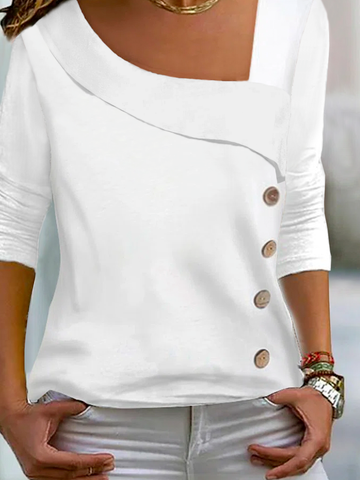 Women Tshirts Tee Casual Asymmetrical Neck Buttoned Long Sleeve Top