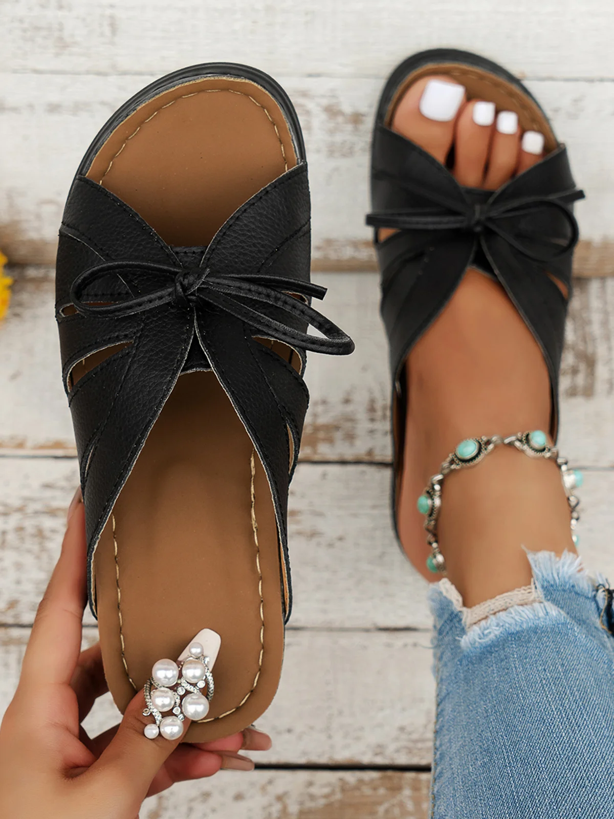 Casual Bowknot Hollow out Comfy Wedge Heel Slide Sandals