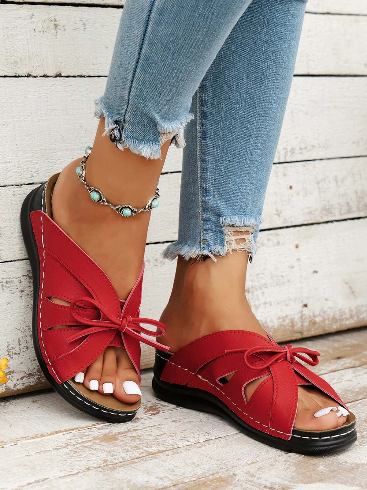 Casual Bowknot Hollow out Comfy Wedge Heel Slide Sandals