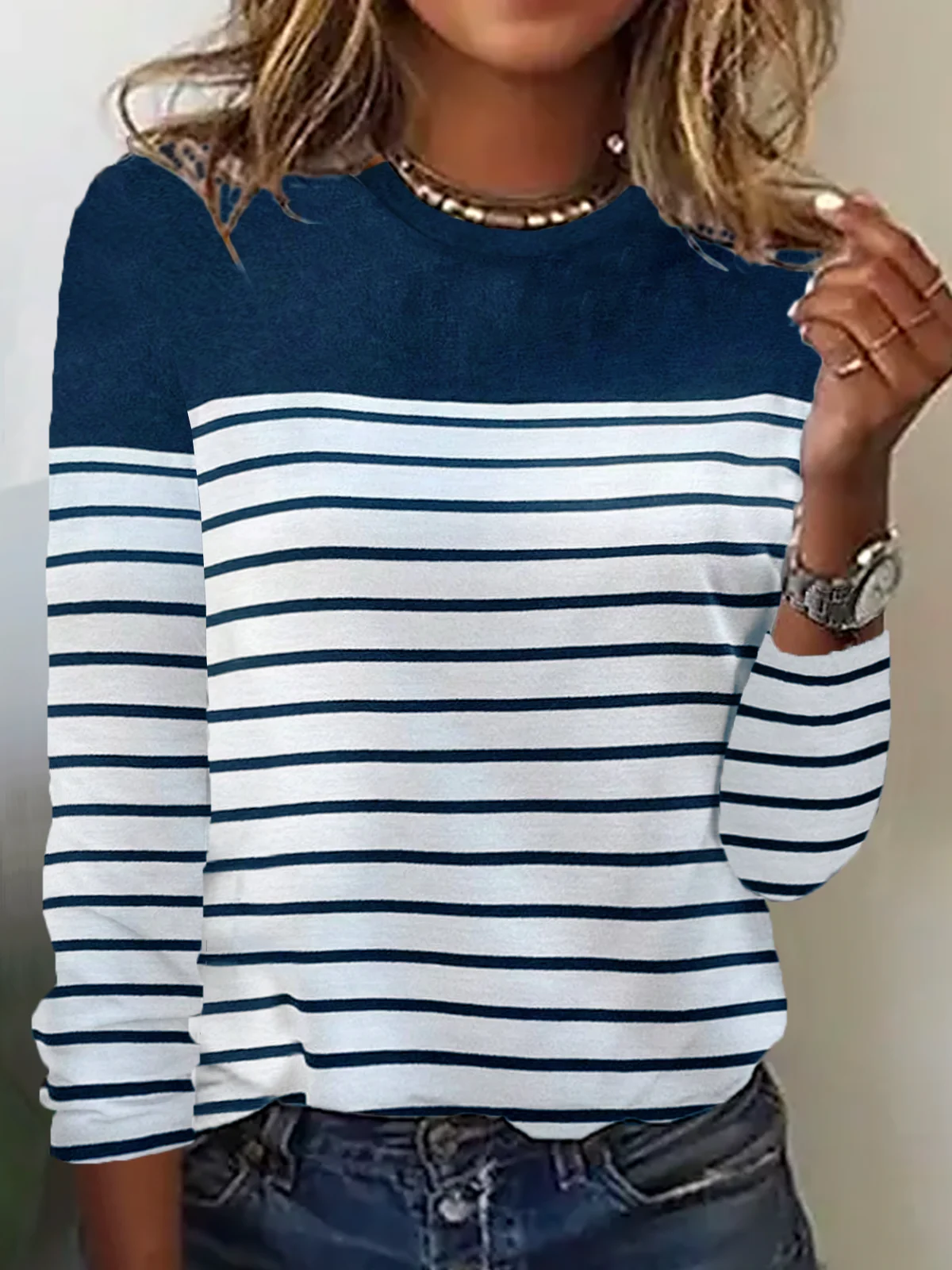 Women Basic Striped Color Block Crew Neck Loose Long Sleeve Top