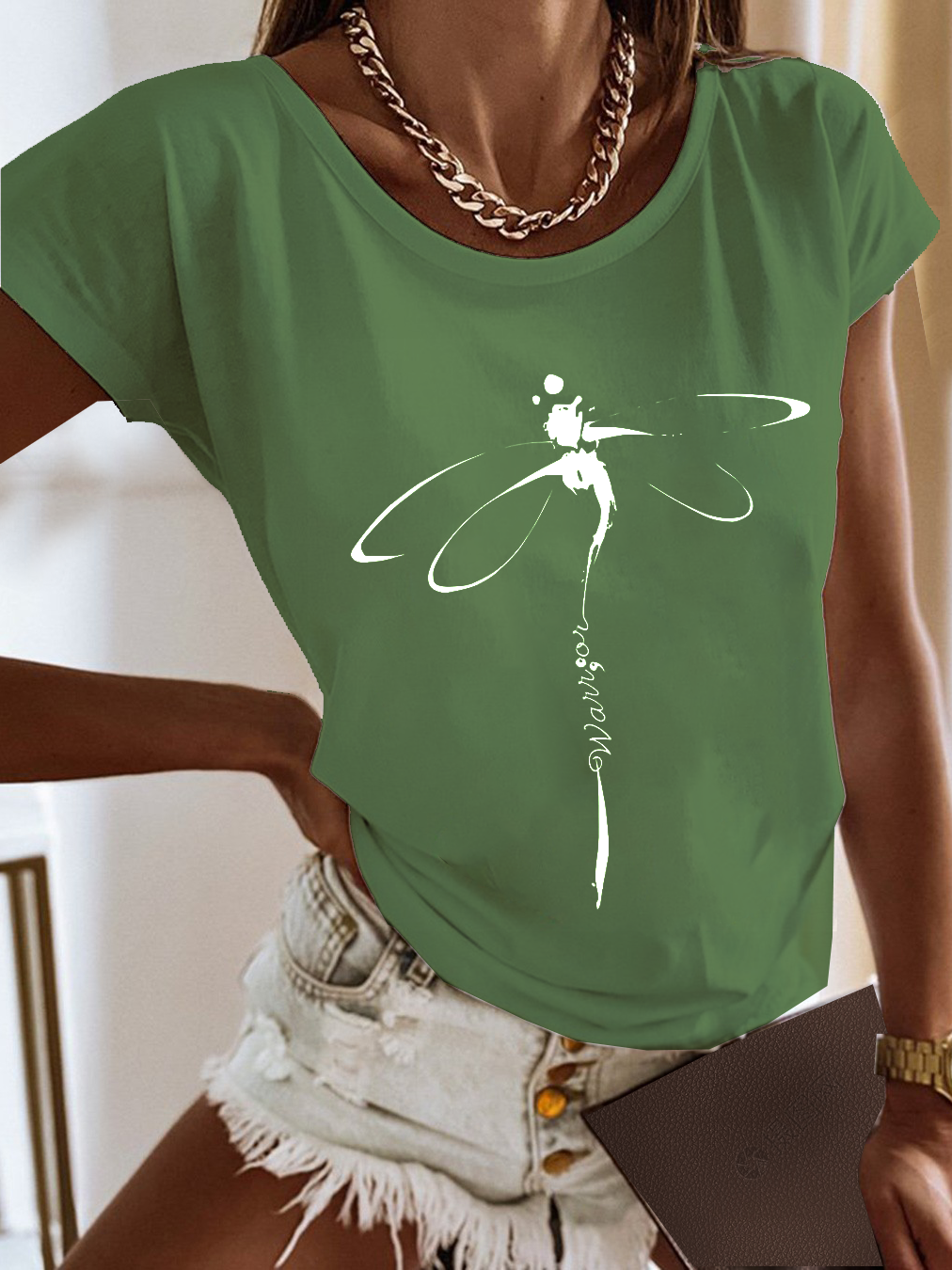 Women Dragonfly Crew Neck Casual Short Sleeve T-shirt