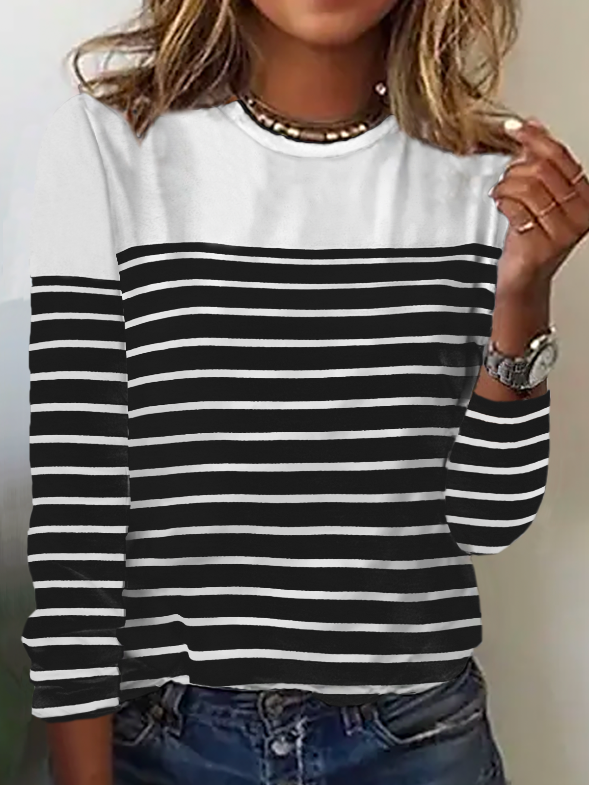 Women Basic Striped Color Block Crew Neck Loose Long Sleeve Top