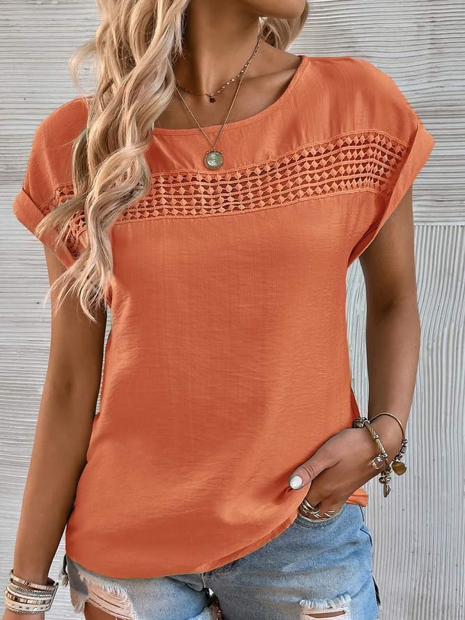 Women Casual Plain Hollow Out Lace Crew Neck Daily Short Sleeve T-shirt