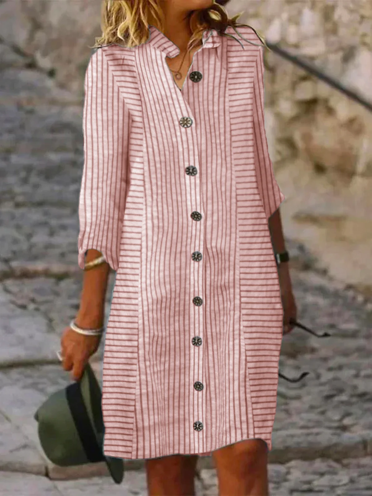 Women Casual Striped Loose Three Quarter Sleeve Button Down Shirt Dress