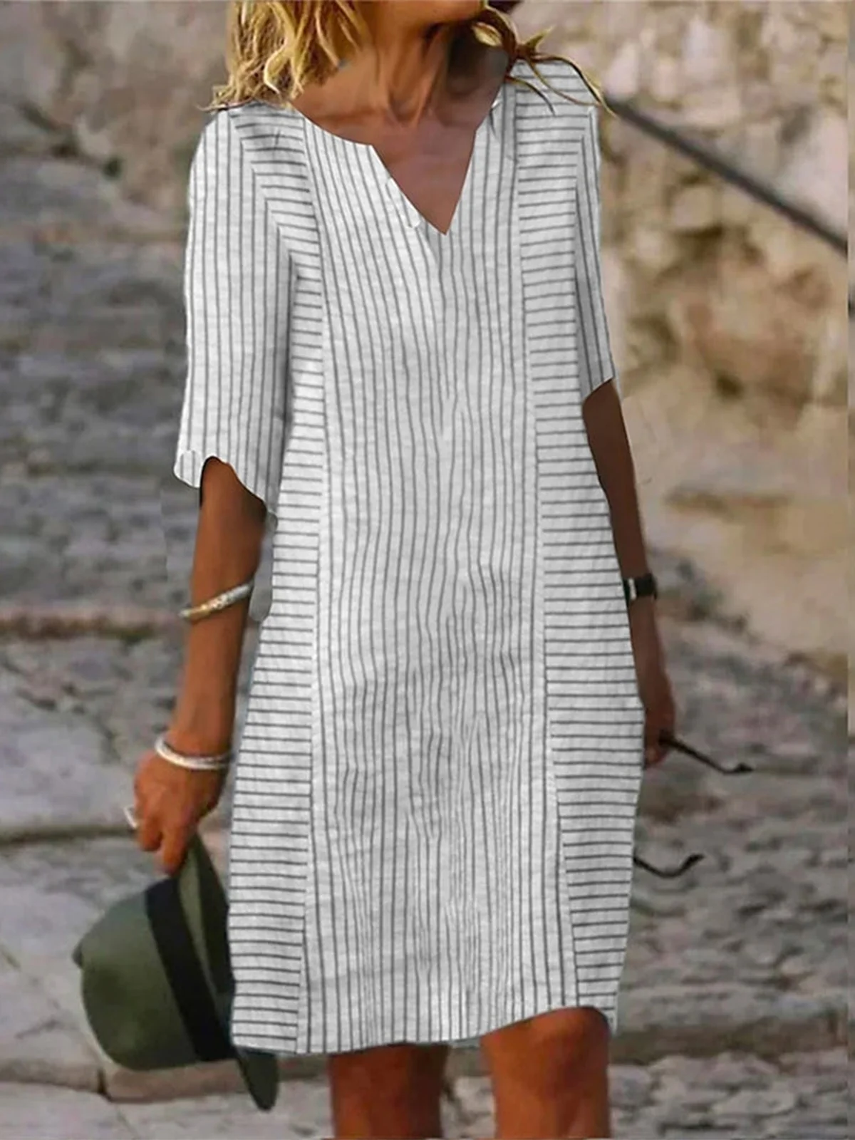 Women Striped Casual Loose Three Quarter Sleeve V Neck Shirt Dress