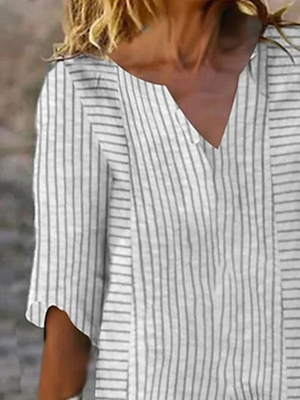 Women Striped Casual Loose Three Quarter Sleeve V Neck Shirt Dress