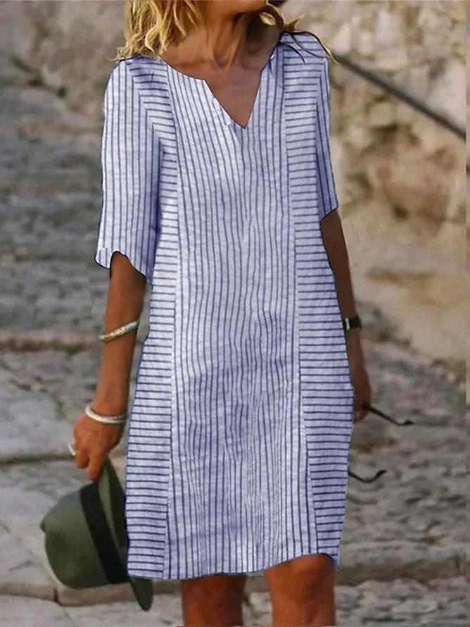 Women Striped Casual Loose Three Quarter Sleeve V Neck Shirt Dress