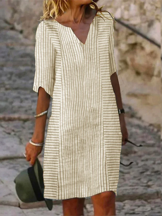 Women Striped Casual Loose Three Quarter Sleeve V Neck Shirt Dress