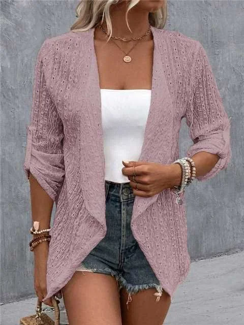 Women Waterfall Collar Roll Tab Sleeve Casual Plain Hollow Out Open Front Cardigan