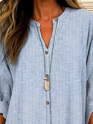 Women's Shirt Blouse Striped Casual Long Sleeve Basic V Neck Regular Fit Spring Fall