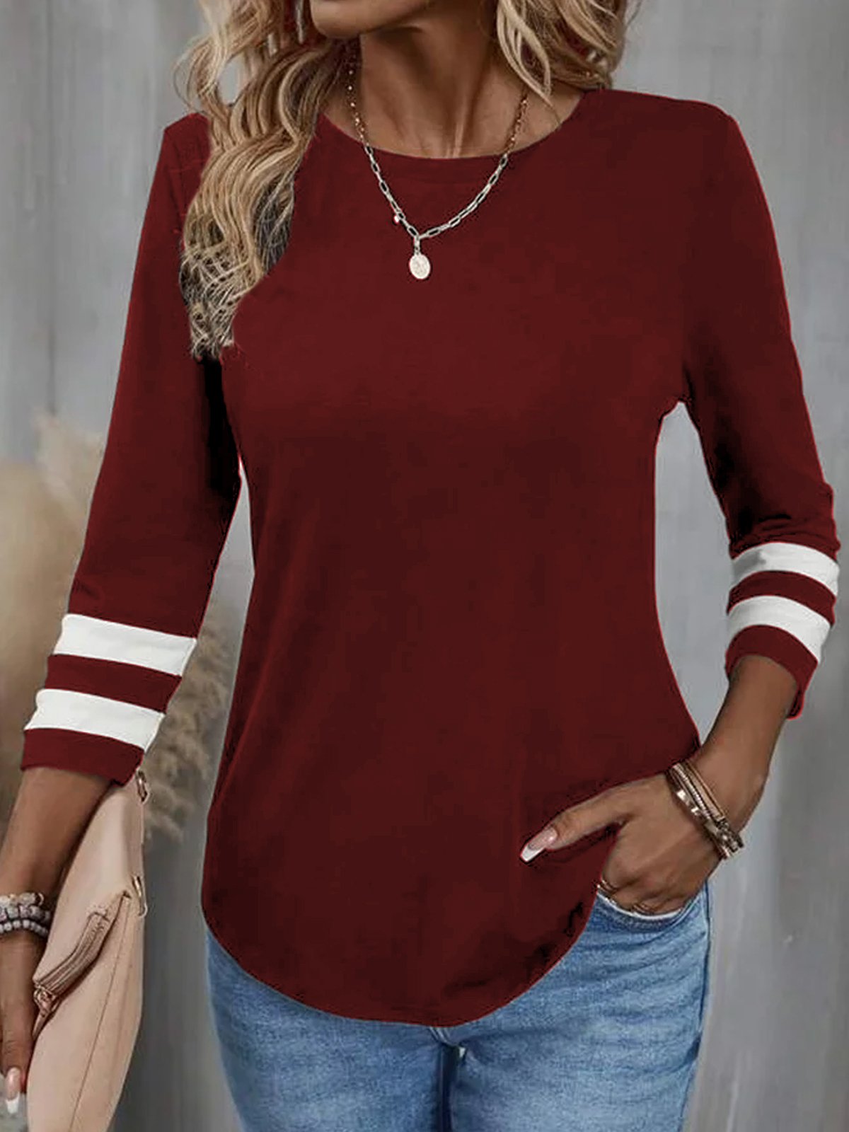 Women Color Block Crew Neck Casual Three Quarter Sleeve T-shirt