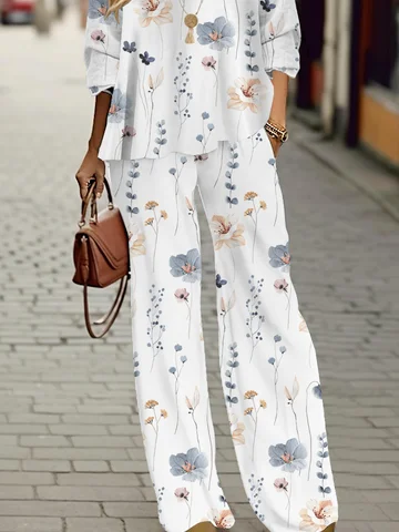 Casual Crew Neck Floral Two-Piece Set