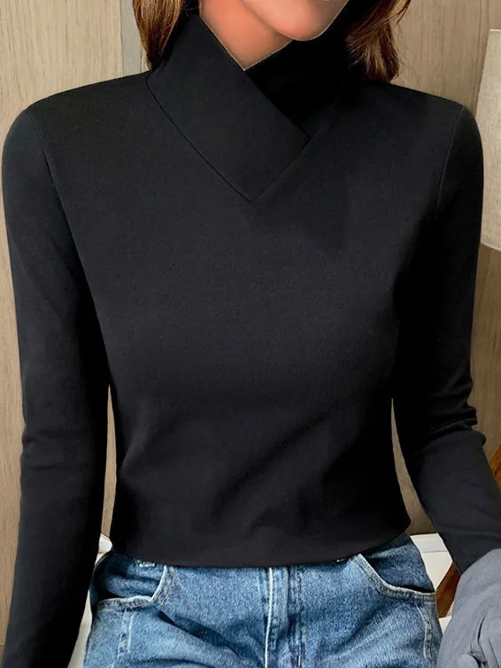 Women's T shirt Tee Plain Black White Blue Long Sleeve Daily Weekend Fashion Turtleneck High Neck Regular Fit Fall & Winter