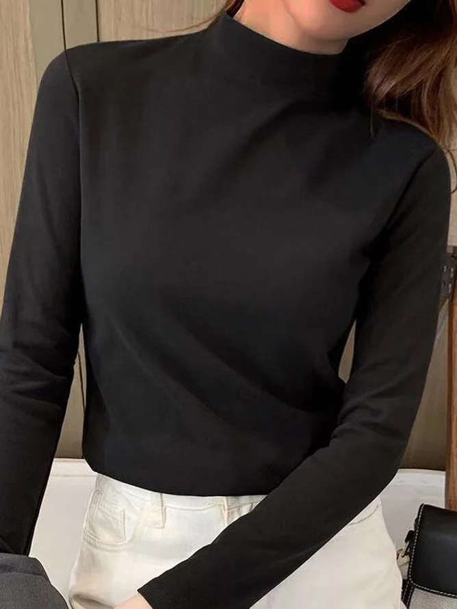 Women's T shirt Tee Undershirt Bottoming Shirt Cotton Plain Black White Light Green Long Sleeve Daily Weekend Basic Turtleneck High Neck Regular Fit Fall & Winter