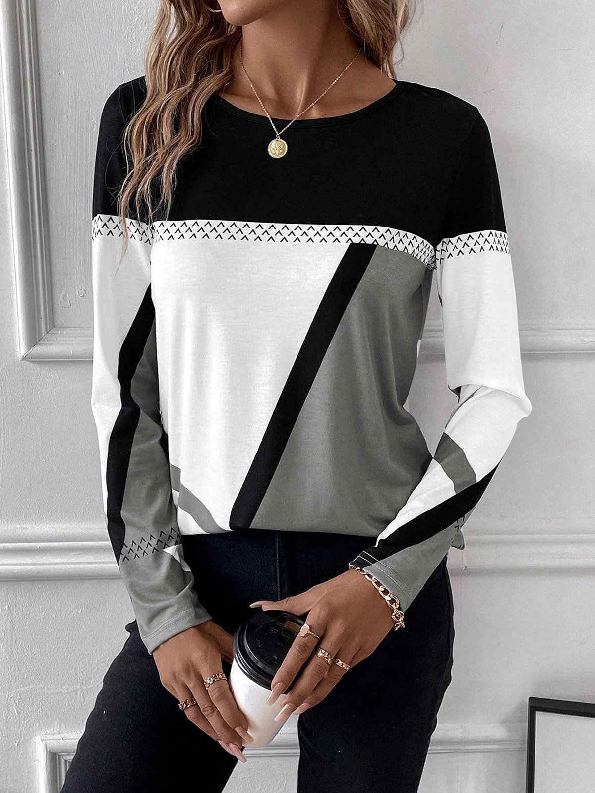 Women Color Block Crew Neck Casual Long Sleeve T-shirt