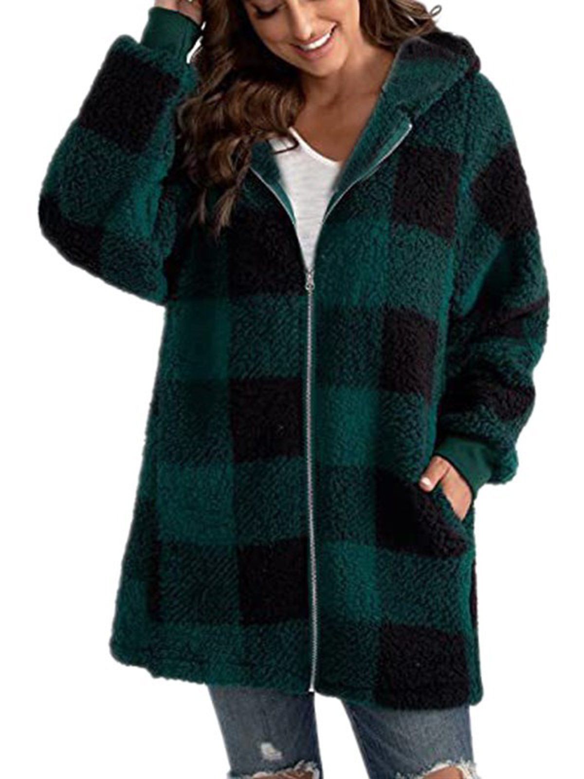 Women's Fleece Jacket Warm Sherpa Jacket with Pocket Plaid Teddy Coat Turndown Plush Casual Street Outerwear Long Sleeve Fall Winter