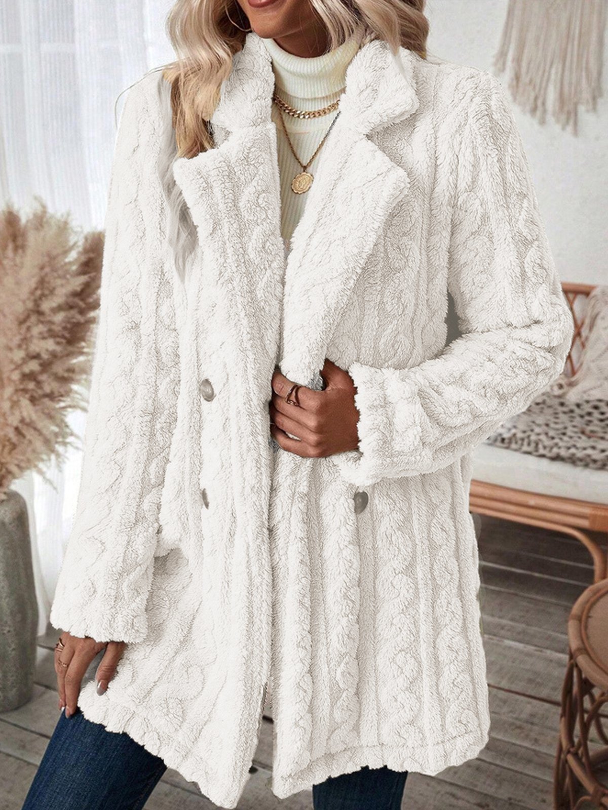 Women's Teddy Coat Fleece Sherpa Jacket Double Breasted Flannel Winter Coat Fall Windproof Thermal Warm Cream Heated Jacket Texture Long Sleeve Outerwear Fall