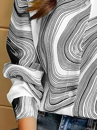 Women's Shirt Blouse Abstract Stripes Print Casual Black White Print Button Long Sleeve Basic Shirt Collar Regular Fit Spring Fall