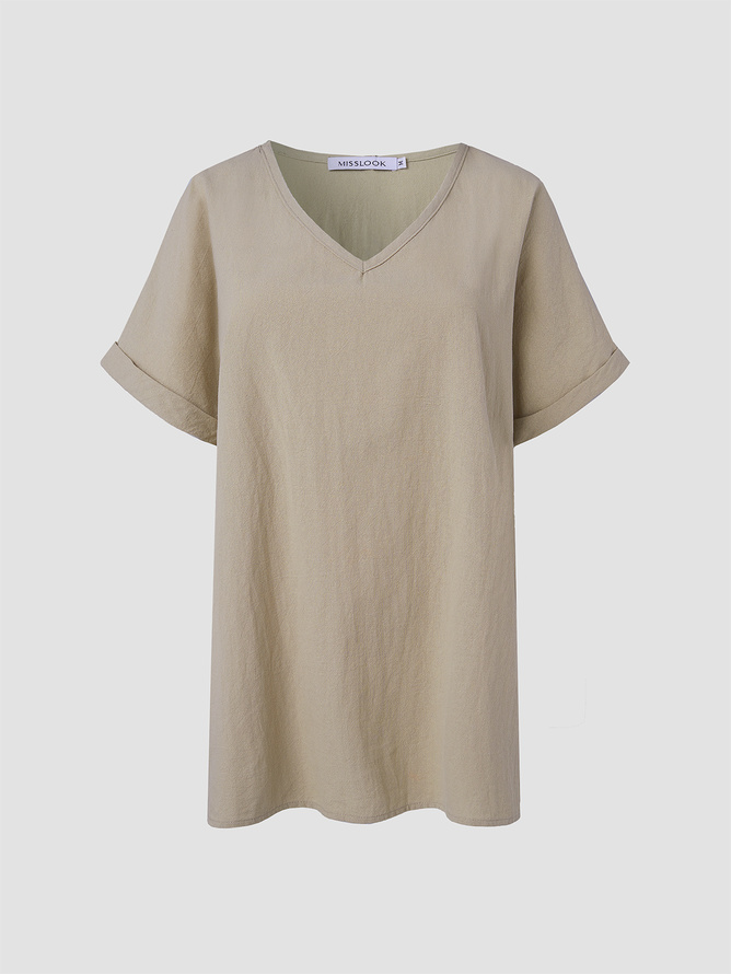 Casual V Neck Cotton Loose Short Sleeve Khaki Linen T-shirt
