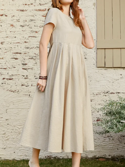 Women's Casual Dress Cotton Linen Dress A Line Dress Maxi long Dress Cotton Blend Basic Casual Daily Holiday Date Square Neck Ruched Smocked Short Sleeve Summer Spring