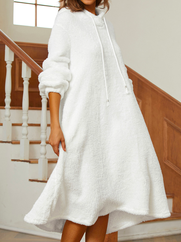 Casual Plain Winter Loose Drawstring Fluff/Granular Fleece Fabric Hoodie Dress