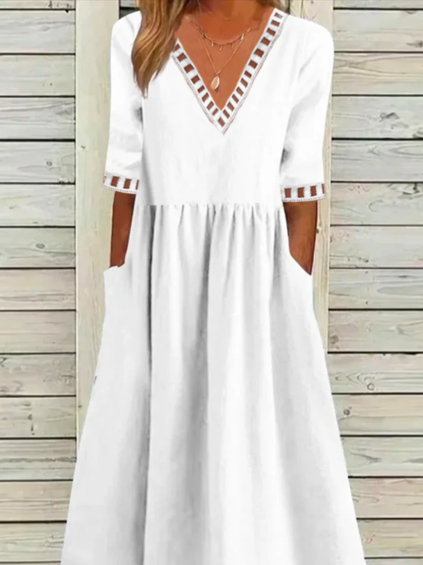 V Neck Simple Linen Style Dress