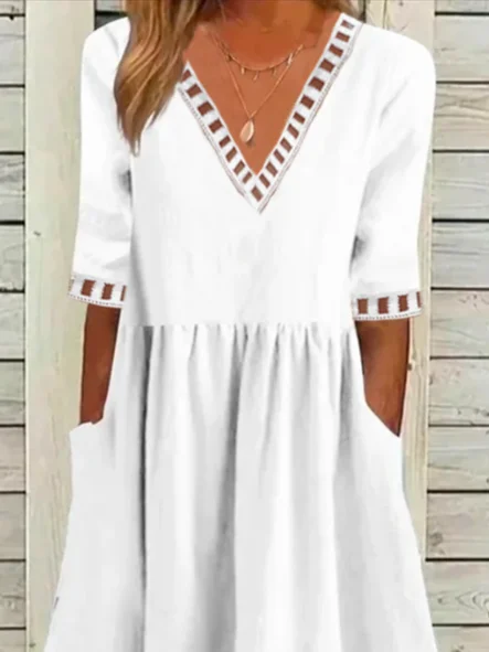 V Neck Simple Linen Style Dress