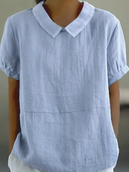 Plain Cotton Simple Shirt Collar Linen Style Blouse