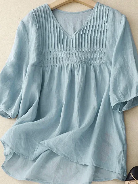 V Neck Casual Loose Linen Style Shirt