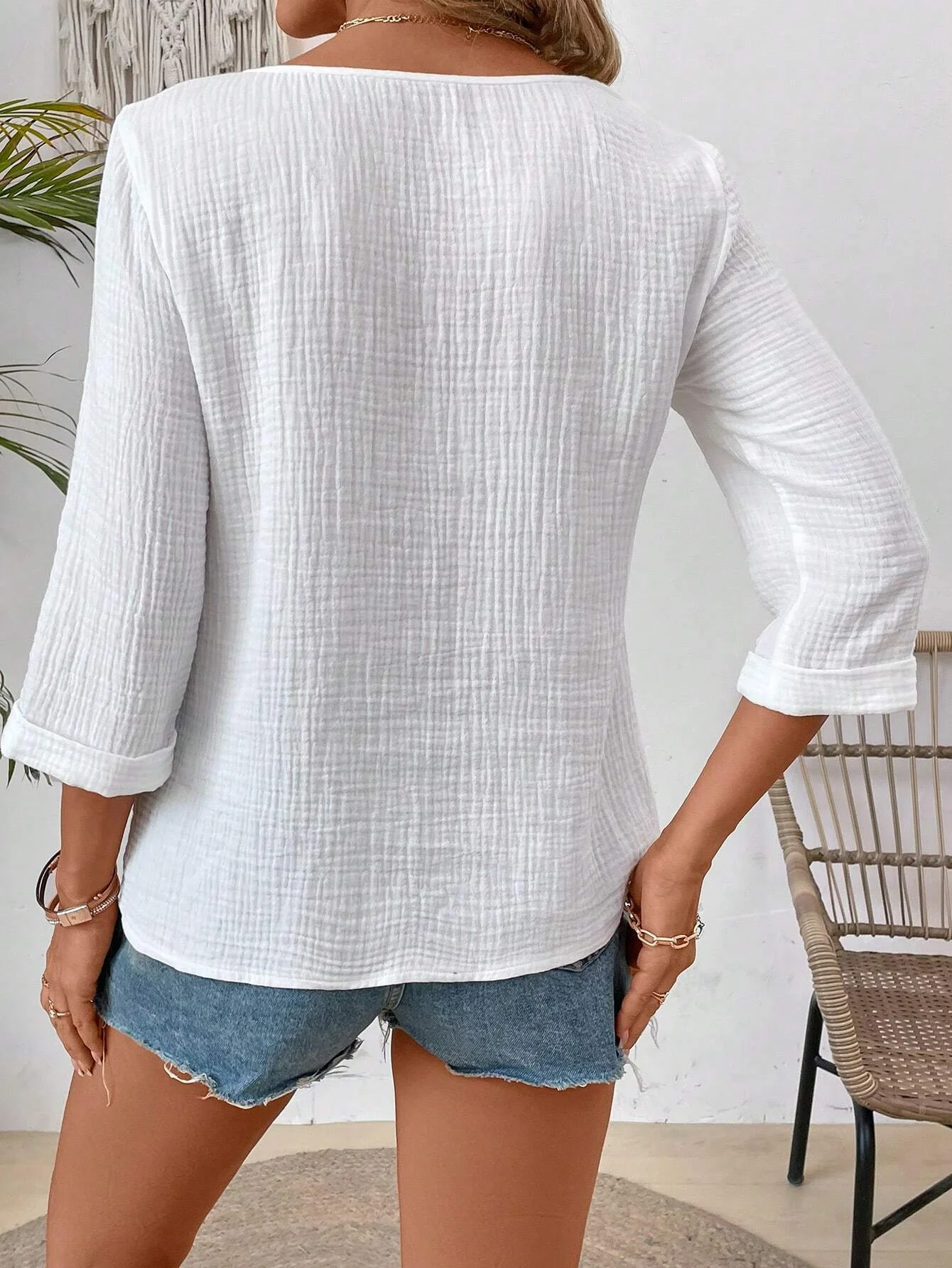 Women's Shirt Blouse Dressy Tops Solid Color Daily Basic 3/4 Length Sleeve Notched Neck White Summer