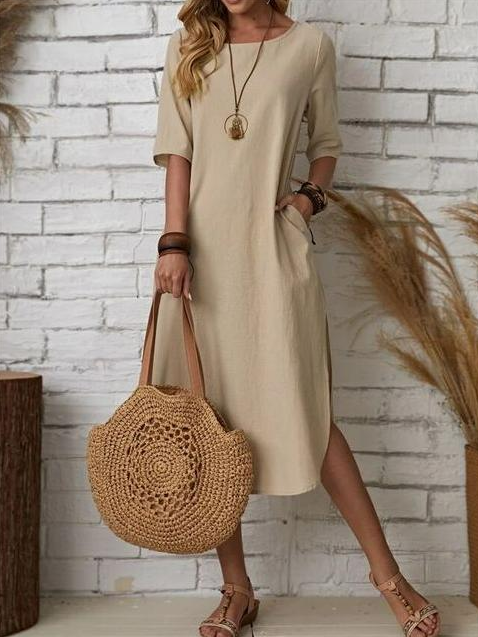 Women's Cotton Daily Casual Side Slit Loose Fit Short Sleeve Midi Dress
