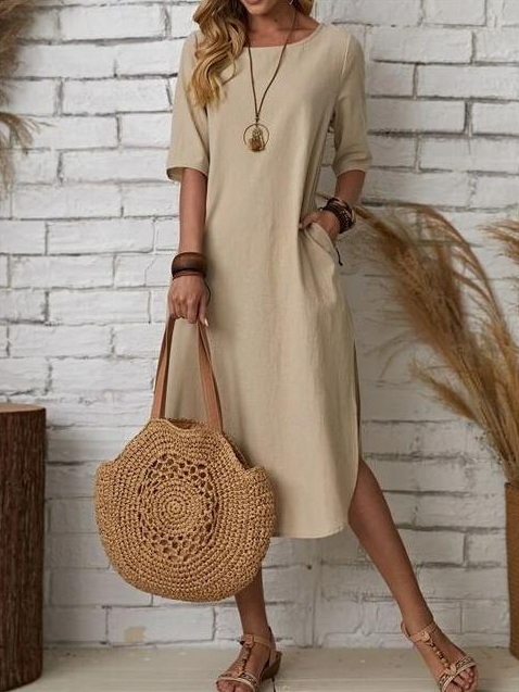 Cotton Loose Casual Plain Dress With No