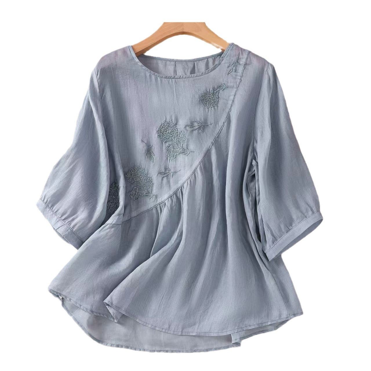 Cotton Plain Casual Crew Neck Blouse
