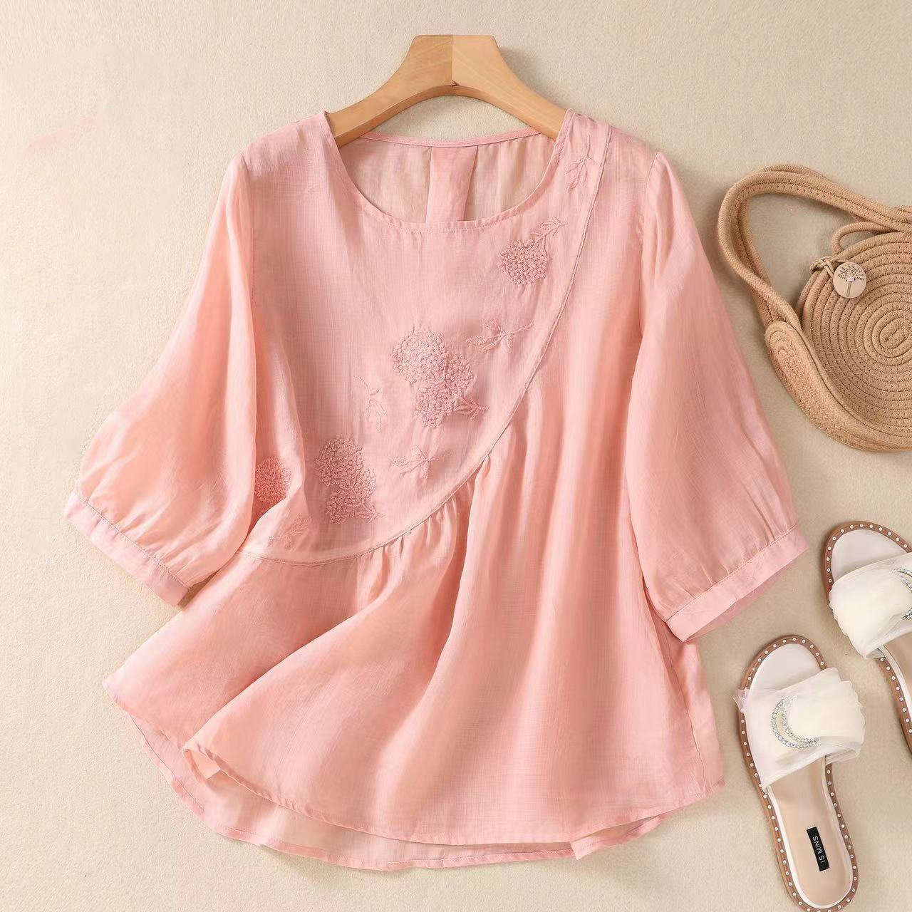 Cotton Plain Casual Crew Neck Blouse