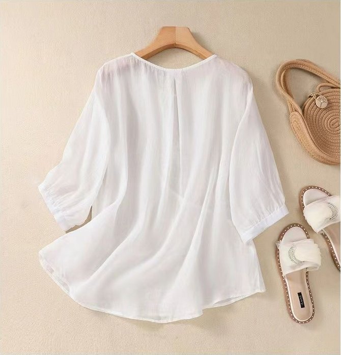 Cotton Plain Casual Crew Neck Blouse