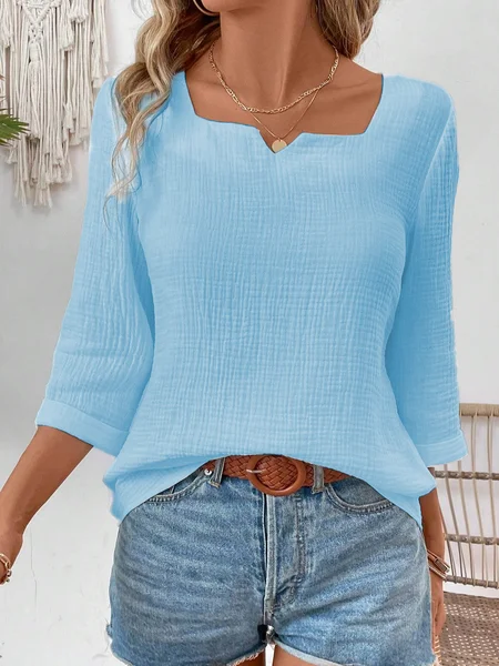 Women's Shirt Blouse Dressy Tops Solid Color Daily Basic 3/4 Length Sleeve Notched Neck White Summer