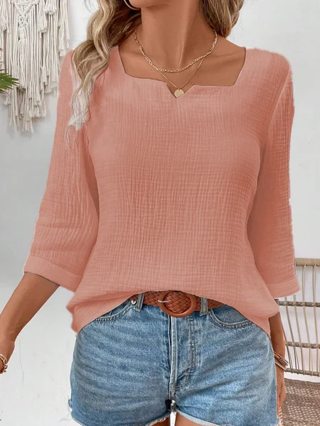 Women's Shirt Blouse Dressy Tops Solid Color Daily Basic 3/4 Length Sleeve Notched Neck White Summer