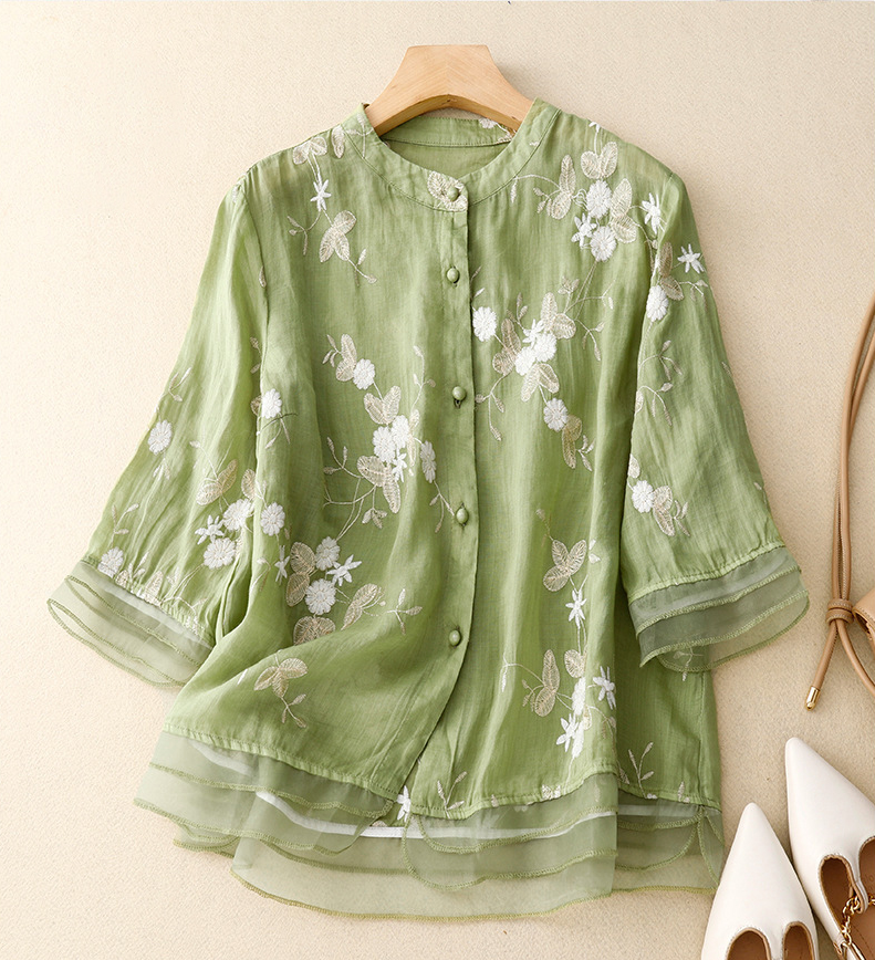 Shirt Blouse Women's Embroidered Fashion Round Neck Cotton Causal Blouse