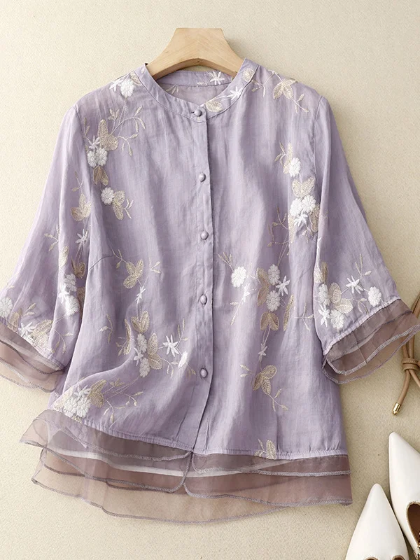Shirt Blouse Women's Embroidered Fashion Round Neck Cotton Causal Blouse